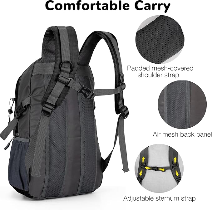 25L Small Hiking Backpack Daypack for Men, Waterproof Outdoor Backpack with Chest Strap for Camping, Black