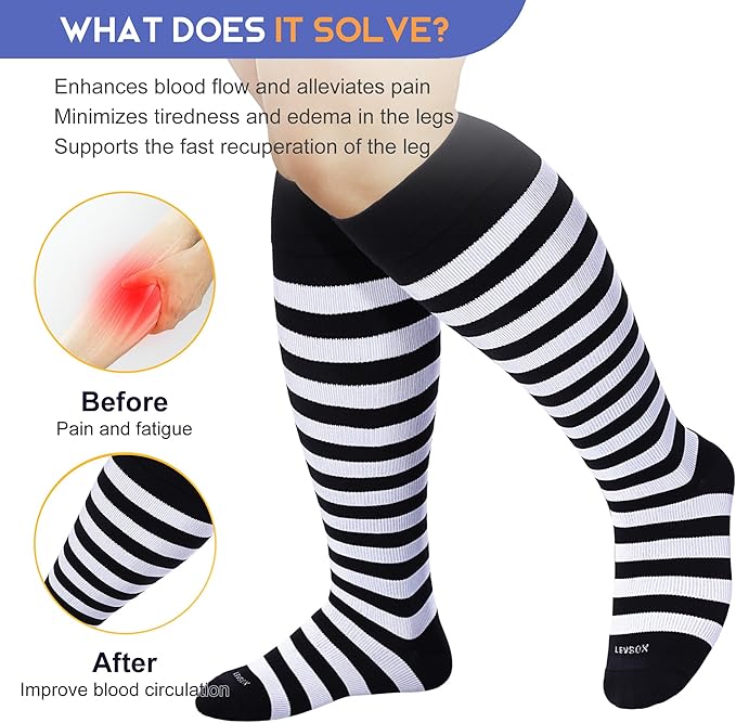 LEVSOX Plus Size Compression Socks for Women Men Wide Calf Extra Large 15-20 mmHg Knee High Sock for Nurses Pregnant Travel