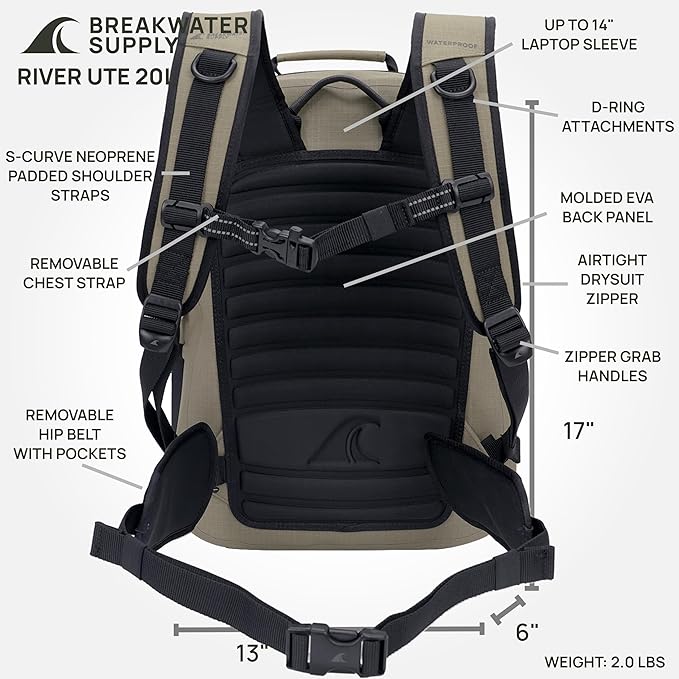 Breakwater Supply™ River Ute Waterproof IP68 Hunting Backpack, Floating TPU Submersible Dry Bag with Padded Hip Belt and Airtight Zippers | 20L (River Ute 20L CORDURA Safari Tan)