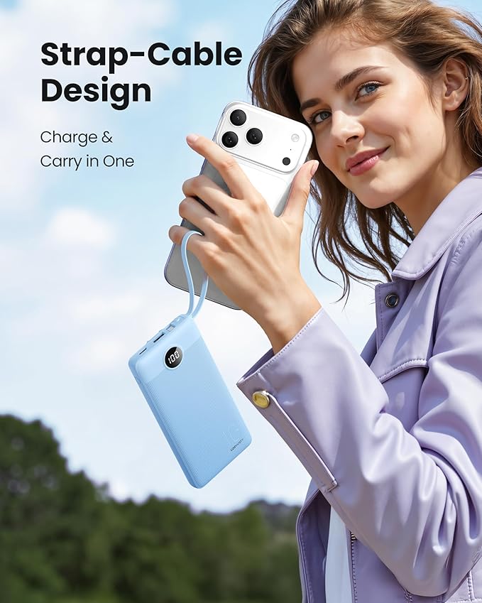 10000mAh Portable Charger, Slim Power Bank with Built-in Cables, Battery Pack 5 Outputs 2 Inputs LED Display Compatible with iPhone/Android & More (Blue)