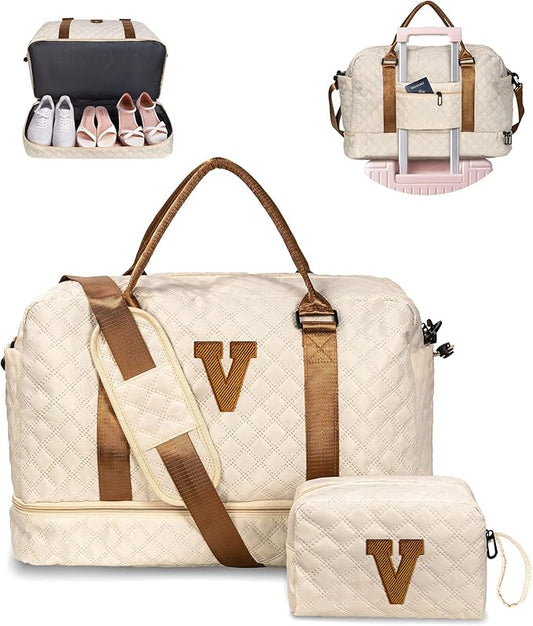 Vogewood Birthday Gifts for Women-Initial Duffle Bag with Shoe Compartment, Personalized Weekender Bag, Monogram Overnight Bag, Letter Travel Bag with Makeup Bag，Preppy Gifts for Girl (Letter V)