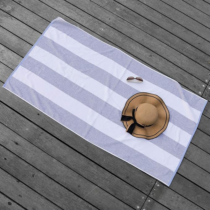 Cotton Oversized Beach Towel - Large 70 x 35 Inch Pool Towel, Grey Striped Quick Dry Swimming Cabana Towel