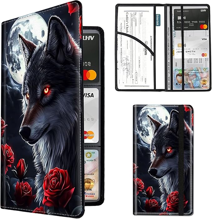 Car Registration and Insurance Holder,Leather Insurance License and Registration Card Holder for Car Glove Box, Auto Truck Document Holder Organizer for Men Women-Wolf with Moon Red Rose