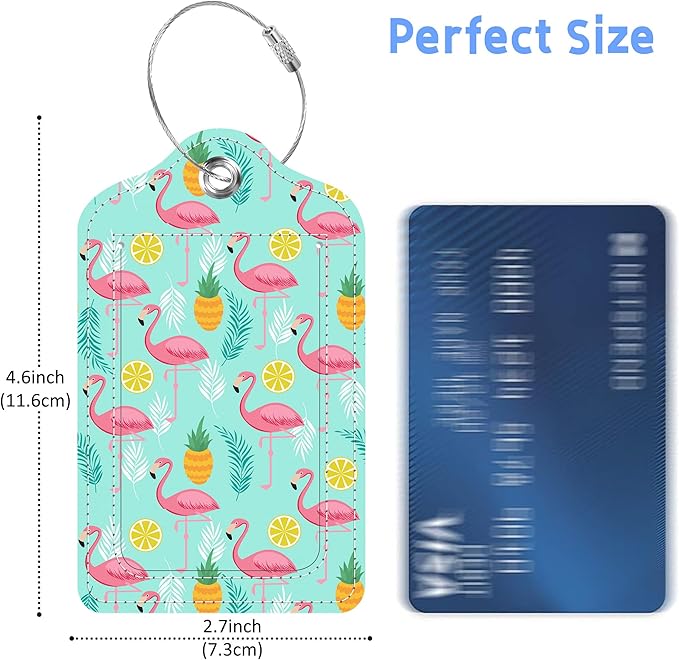 Luggage Tags for Suitcase Flamingo Pineapples and Exotic Leaves 2 PCS Leather Travel Cruise Luggage Tag with Stainless Steel Loop Name ID Label Privacy Cover for Women Men Travel Bag Labels Set