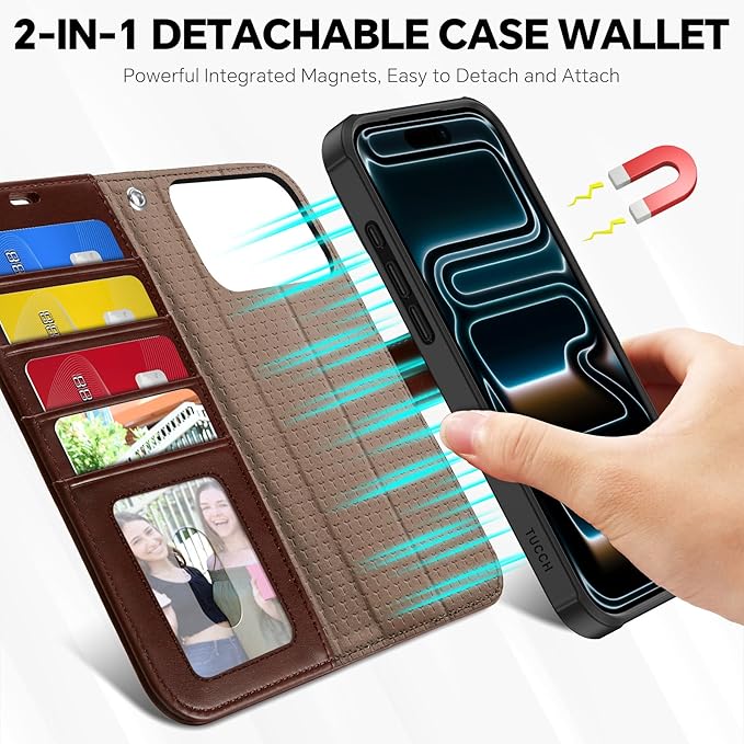 TUCCH 2-in-1 Detachable Wallet Case for iPhone 17 Pro Max (6.9-inch) 2025, Wireless Charging | RFID Blocking 4 Card Holders | Wrist Strap | Kickstand | Magnetic | PU Leather Cover | Chocolate Brown