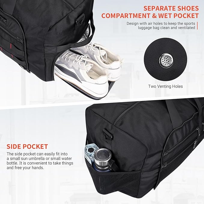 WITZMAN Foldable Duffle Bag for Travel 65L Lightweight Packable Duffel Bag with Shoes Compartment Overnight Bag for Men Women (B697 Black)