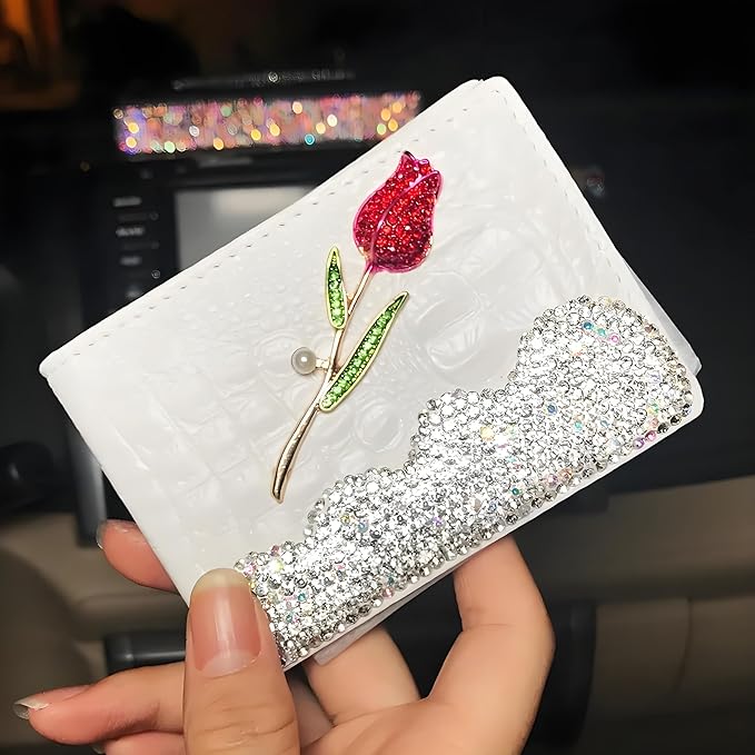 Bling Sparkle Rhinestone Flower Leather Credit Card Holder,10 Slots BlankDriver's License Holder for Women and Men, Multi-Functional Card Organizer for Documents, ID Cards, License (White)