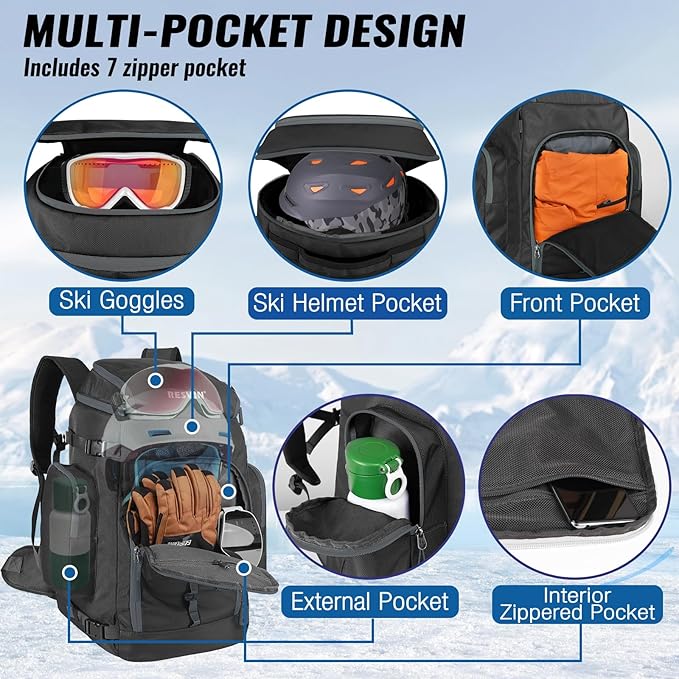 Ski Boot Bag, 65L Durable Travel Backpack, 1680D Nylon Waterproof Snowboard Boot Bag, Skiing and Snowboarding Travel Luggage for Helmet, Goggles, Gloves, Outerwear & Accessories