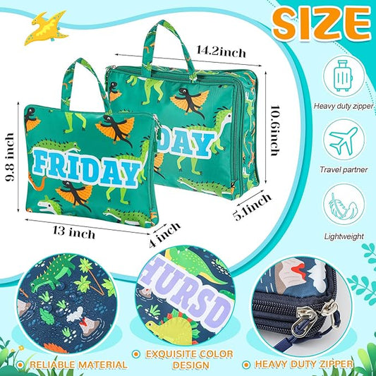 Paterr 7 Pcs Days of Week Packing Cubes Compression Packing Cubes for Kids Summer Camp Travel Daily Outfit Suitcase Organizers Zippered Storage Bag for Cruise Vacation Essentials (Dinosaur)