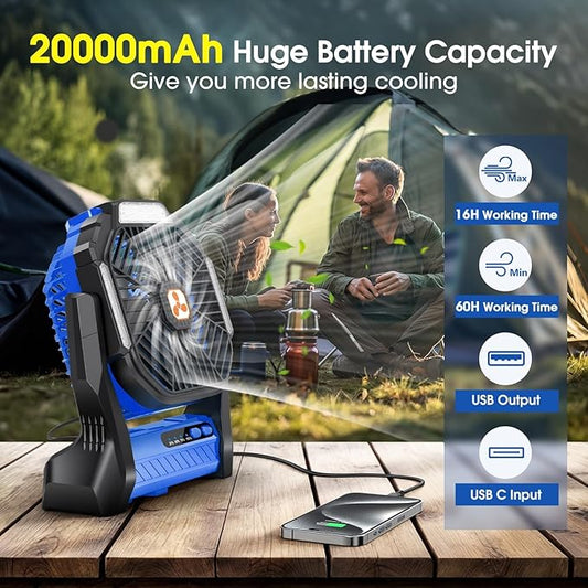 Portable Fan Rechargeable, 20000mAh Cordless Battery Powered Camping Tent Fans with SOS & LED Lantern, Small USB C Operated Outdoor Ventilador for Travel Camp Fishing Picnic Beach Home Essentials