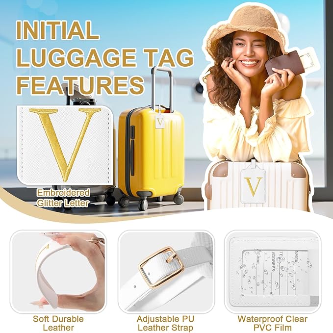Personalized Initial Luggage Tags for Suitcase TSA Approved, White Leather Cute Luggage Tag with Privacy Cover Name Card, Embroidered Custom Luggage Tags Travel Baggage Tags Gifts for Women Kids(V)