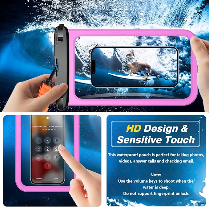 Temdan 2 Pcs Waterproof Phone Pouch, [Up to 10" Large] Universal IPX8 Waterproof Cell Phone Case Dry Bag with Lanyard for iPhone 16 Pro Max/16E/15/14/13,Galaxy S25 Ultra/S24/S23 for Vacation -Pink