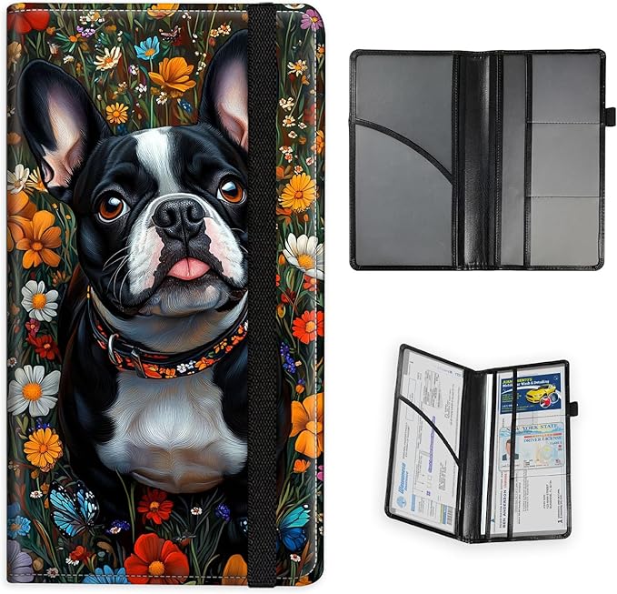 Car Registration and Insurance Holder PU Leather Vehicle Insurance and Registration Holders Wallet Case with Elastic Band Closure for ID Card, Driving Licence, French Bulldog Flower Field