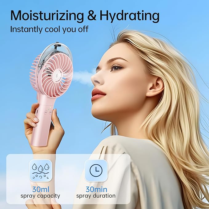 PANERGY Handheld Misting Fan – Rechargeable Battery Operated,Handheld Personal Fan with Mist Spray, Electric Hand Fans, 180° Foldable Mister Fans for Travel, Camping, Disney, Concerts, Office(Pink)