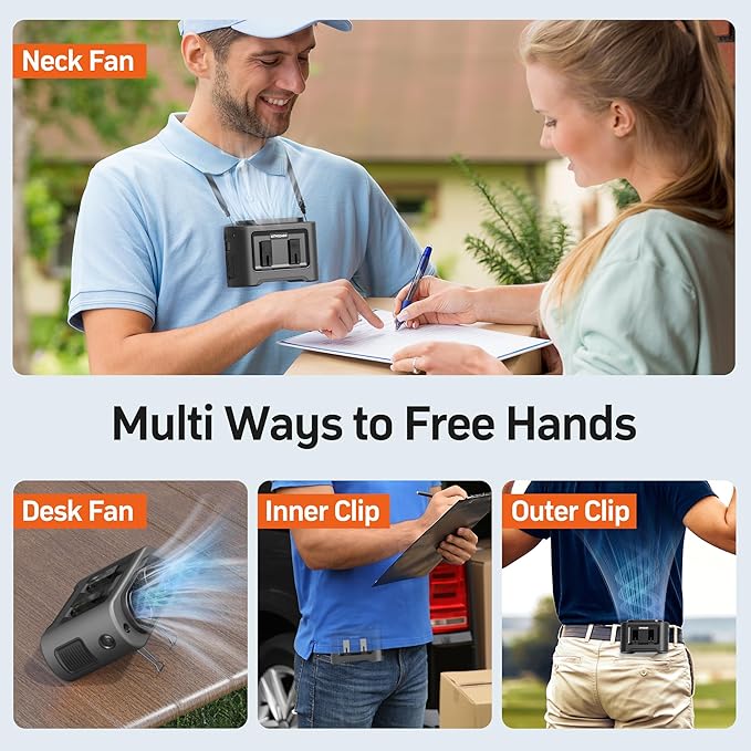 KITWLEMEN 14500mAh Portable Waist Fan - Personal Clip on Belt Fan, Dual Air Outlet, 5 Speed 35H Cooling, Rechargeable Battery Operated, Wearable with Lanyard & Light for Camping, Travel, Jobsite