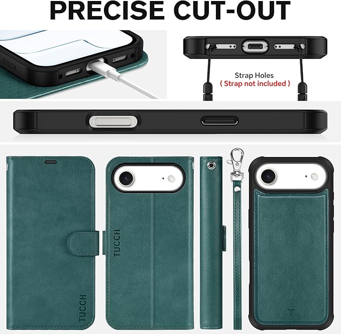 TUCCH Removable Case Wallet for iPhone Air (6.5") 2025, Detachable Wrist Strap, Wireless Charging, Stand, 4 Card Slots RFID Blocking, 2-in-1 Magnetic, PU Leather Shockproof Cover, Teal Blue