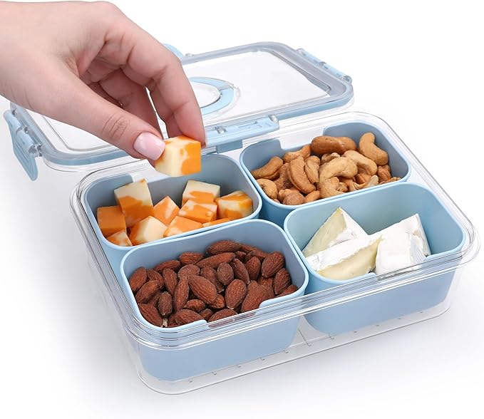 Snackle Box Container with Lid- Travel Charcuterie Box with Handle - Organizer for Candy, Fruit, Nuts, Veggies, Snacks, Beach Essentials, Portable Lunch Box (Blue, Small)