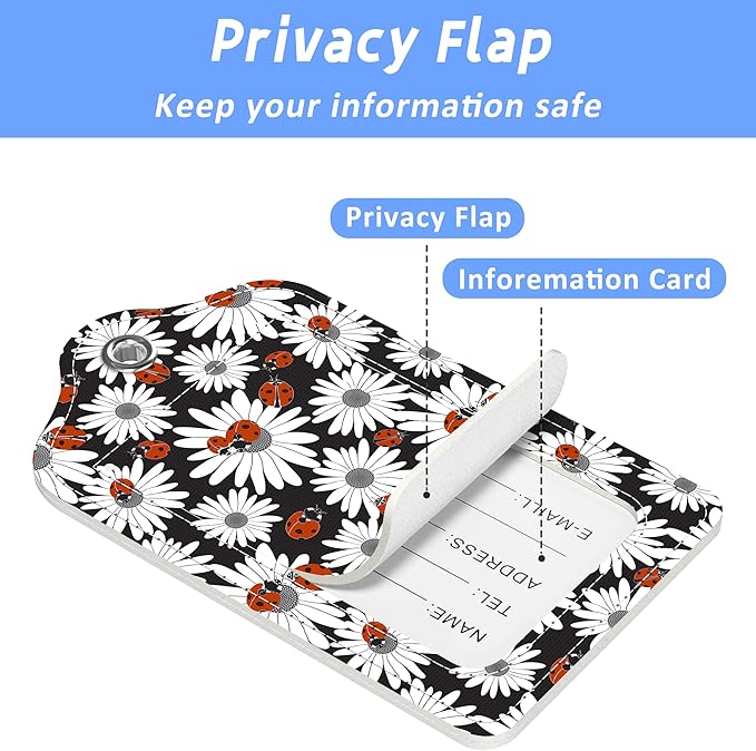 Chamomile and Ladybugs Luggage Tags 2PCS PU Leather Suitcases Tag with Stainless Steel Loop and Privacy Name Address Cover Label Card for Women Men Travel