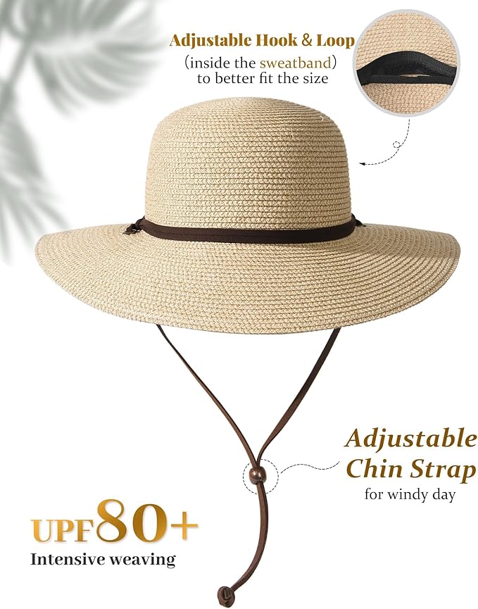 FURTALK Womens Wide Brim Sun Hat with Wind Lanyard UPF Summer Straw Sun Hats for Women
