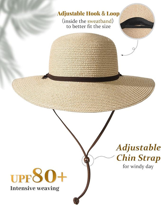 FURTALK Womens Wide Brim Sun Hat with Wind Lanyard UPF Summer Straw Sun Hats for Women