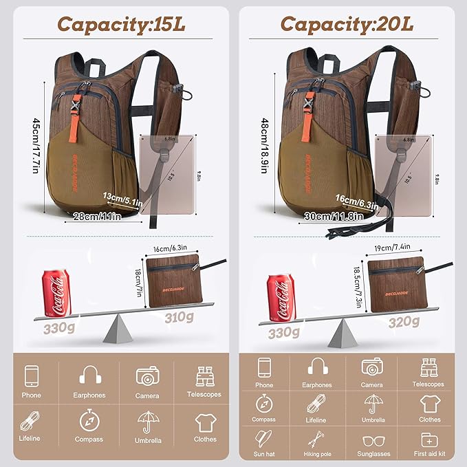 BECOJADDE 15L Small Hiking Backpack for Men Women Foldable Packable Back Pack Ultralight Hiking Daypack for Travel Camping Outdoor, Chocolate Brown