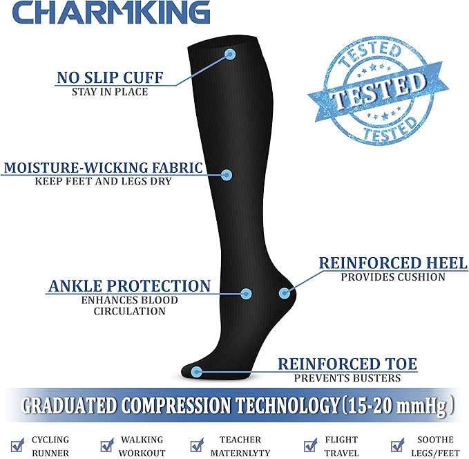 CHARMKING Compression Socks for Women and Men Circulation 4 Pairs 15-20 mmHg Best Support for Athletic Running Cycling