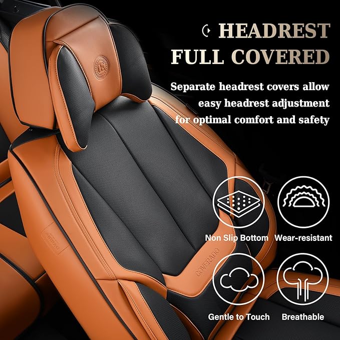 Coverado Universal Seat Covers Front, 2-Pack Universal Seat Covers for Cars, Waterproof Nappa Leather Car Seat Covers with Head Pillow, Auto Protectors Fit for Most SUV Pick-up Truck-Black&Brown