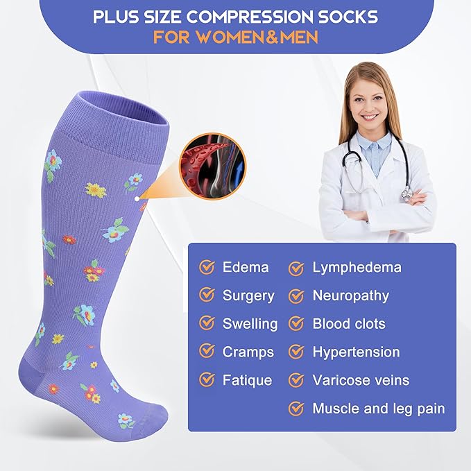 LEVSOX Plus Size Compression Socks for Women Men Wide Calf Extra Large 15-20 mmHg Knee High Sock for Nurses Pregnant Travel