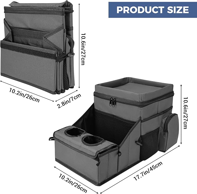 COOLBEBE Car Seat Organizer, Backseat Car Organizer with Cup Holders for Kids and Adults Travel, Cooler Compartment Passenger Seat Organizer Storage Box for Front or Middle Seat, Grey
