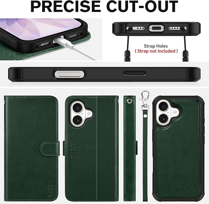 TUCCH Detachable Case Wallet for iPhone 17 (6.3") 2025, Removable Wrist Strap, Wireless Charging, Stand, 4 Card Slots RFID Blocking, 2-in-1 Magnetic, PU Leather, Shockproof Folio Cover, Evergreen