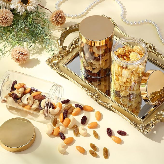 SATINIOR 12 Pack 12 oz Plastic Container Jars with Lids Round Clear Travel Cosmetic Container Slime Jars for Toiletries, Lotion, Cream, Ointments, Makeup, Rhinestone, Samples, Kitchen Storage(Gold)