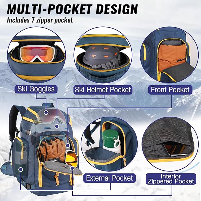 Ski Boot Bag, 65L Durable Travel Backpack, 1680D Nylon Waterproof Snowboard Boot Bag, Skiing and Snowboarding Travel Luggage for Helmet, Goggles, Gloves, Outerwear & Accessories