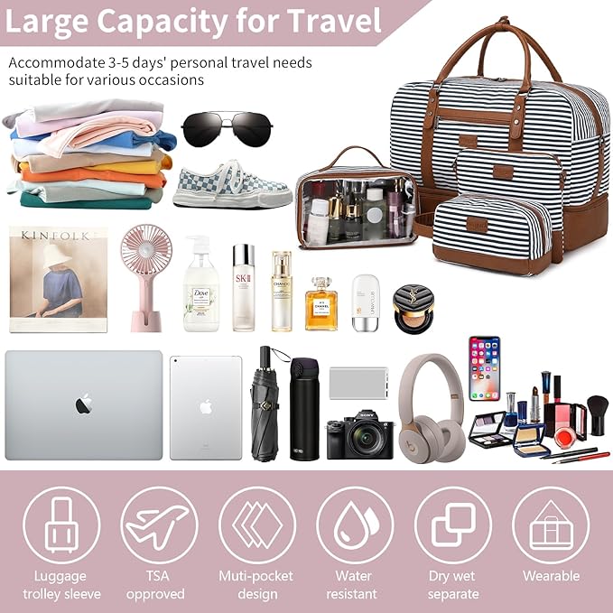 Wogarl Weekender Bags for Women Large Canvas Overnight Bag Travel Duffel Bags Carry on Shoulder Weekend Bag with Shoe Compartment for Travel Night Flight Daily Use