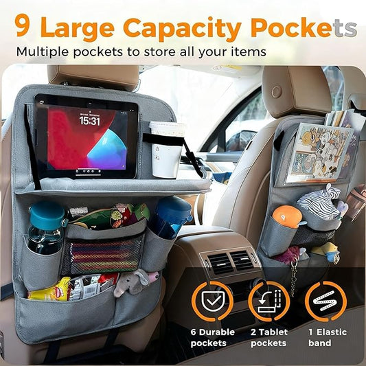 Backseat Car Organizer with Tray, 9 Storage Pockets Back Seat Protector with Foldable Tablet Holder, Waterproof Back of Seat Kick Mats for Kids Adult, Travel Accessories, Gray