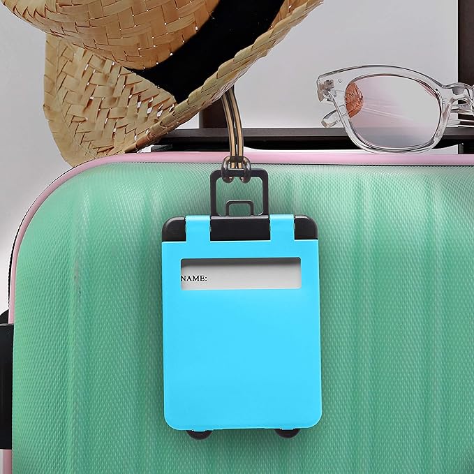 10 Mini Carry-on Luggage Tags Pack - Flip Open Cover, ID Sticker - Light Blue