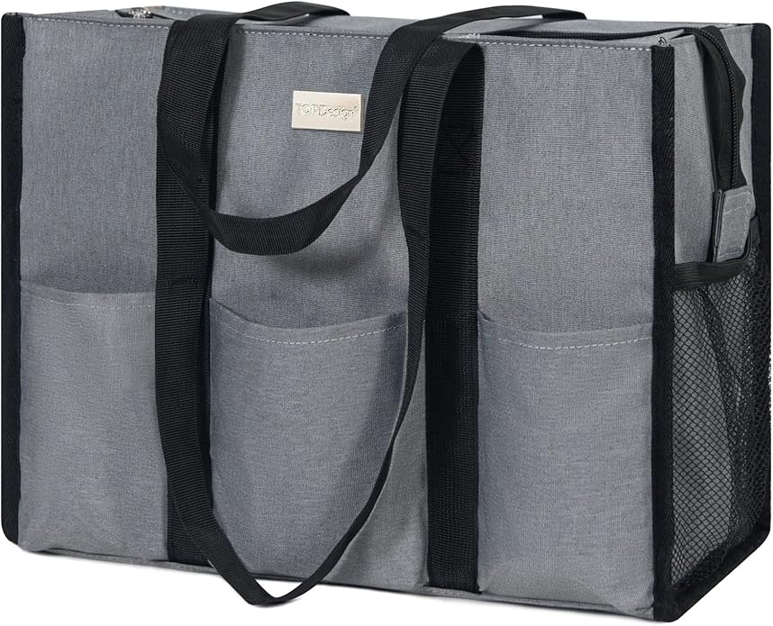 TOPDesign Utility Water Resistant Tote Bag with 13 Pockets, Top Zipper Closure & Thick Bottom Support, for Working Women