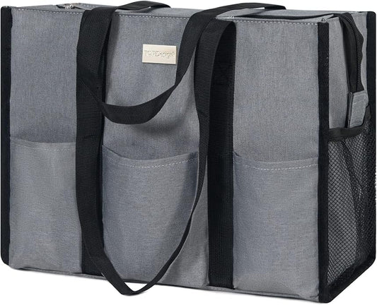 TOPDesign Utility Water Resistant Tote Bag with 13 Pockets, Top Zipper Closure & Thick Bottom Support, for Working Women