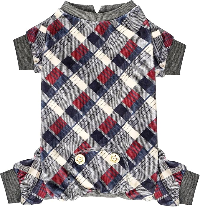 KYEESE Dog Pajamas Soft Plaid Pjs Comfy Doggie Jammies for Small Dogs Boy Girl Velvet Stretchy Dog Clothes Coat Pet Onesie, Grey, Small