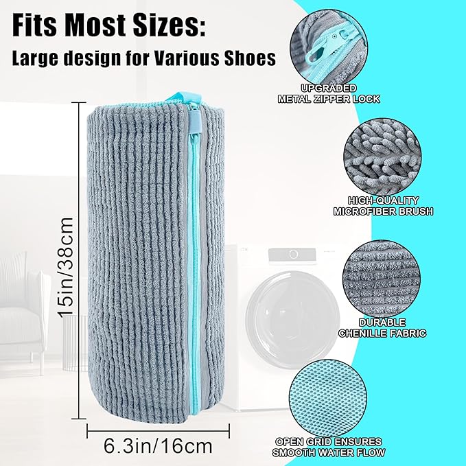 XXL Shoe Washing Machine Bag - Reusable Shoes Cleaning Bags for Washer And Dryer, Durable Zipper Laundry Shoe Bag 360° Deep Clean Sneaker Tennis Include Delicate Laundry Bag/Bra Laundry Bags (Gray)