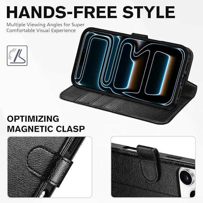 TUCCH Case Wallet for iPhone 17 Pro Max (6.9-Inch) 2025, RFID Blocking 4 Card Slots, Kickstand, Magnetic Closure, PU Leather, Shockproof TPU Shell, Protective Folio Cover, Textured Black