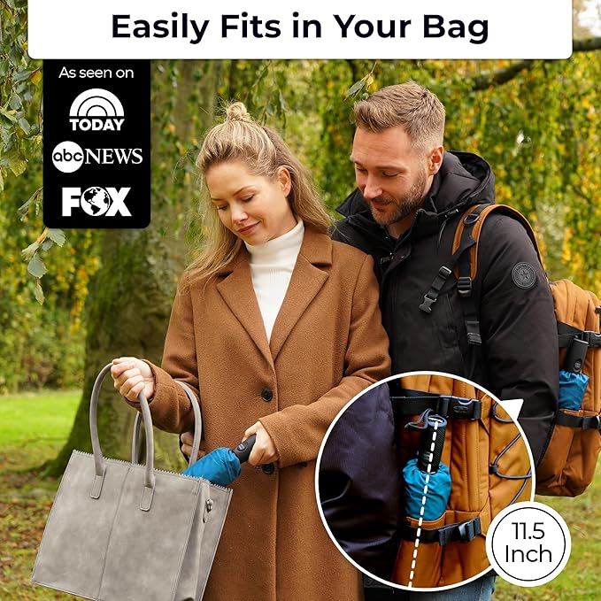 TUMELLA Strongest Windproof Travel Umbrella (Compact, Superior & Beautiful), Small Strong but Light Portable and Automatic Folding Rain Umbrella, Durable Premium Grip, Fits Car & Backpack