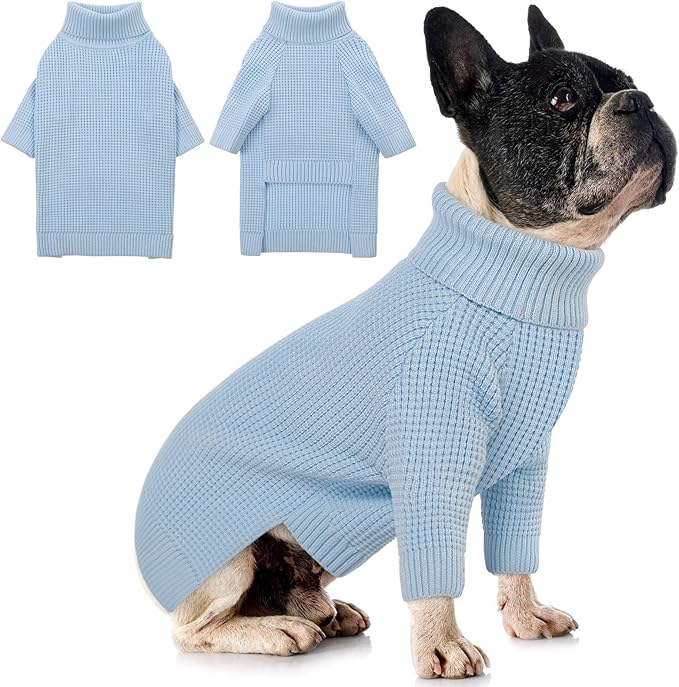 Queenmore Dog Sweater for Small Male Dogs, Turtleneck Fall Waffle Knit, Cat Puppy Christmas Sweater, Blue XS