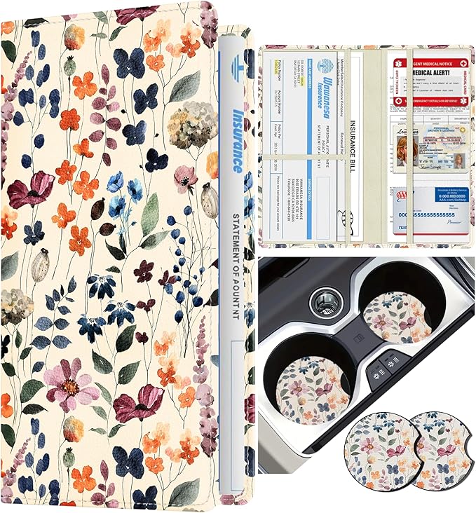 Slohif Car Registration and Insurance Holder - Plant Vehicle Glove Box Organizer Women with Magnetic Shut Leather Automobile License Holders Coasters Auto Accessories Case for Document