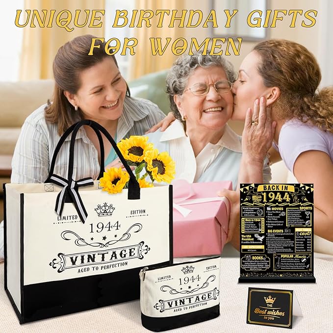 YeohJoy 81st Birthday Gifts for Women Canvas Tote Bag Travel Gear, Unique 81 Years Old Birthday Gifts for Girlfriend Sister Friends Her, Vintage 1944 Handbag & Cosmetic Bag & Back in 1944 Poster