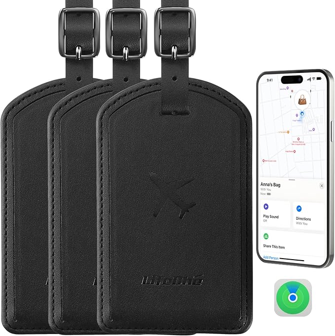 Luggage Tags Built-in Anti-Loss Tracker, Luxury Leather Luggage Tags for Suitcase, Travel Bags, Backpacks, Travel Organizer for Lost Baggage Prevention (Black*3 Pack)