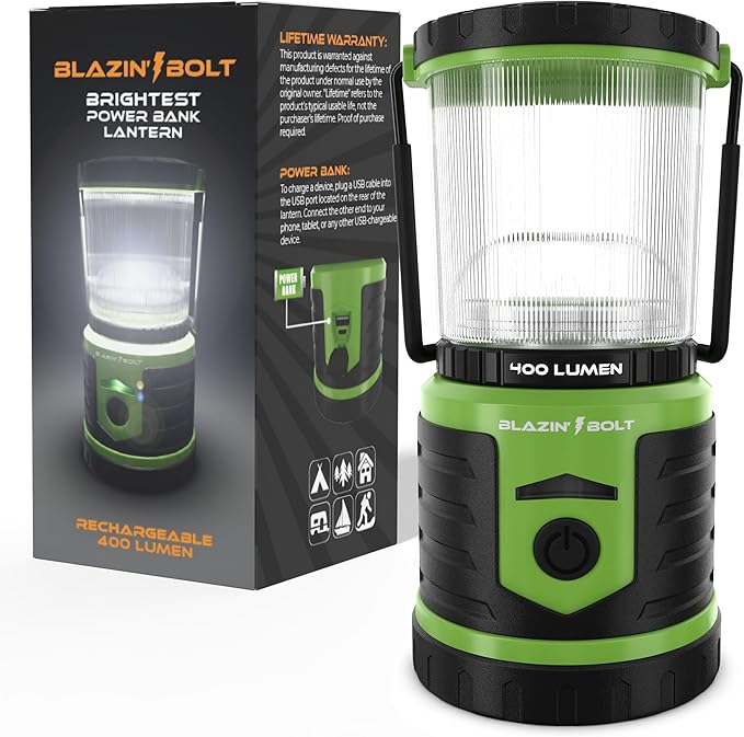 Blazin Bolt Rugged USB Rechargeable Lantern | 6000mAh Power Bank | 400 Lumen | 400 Hours of Light | 6 Modes | Camping, Emergency, Power Outage, Storm, Blizzard, Hurricane Survival