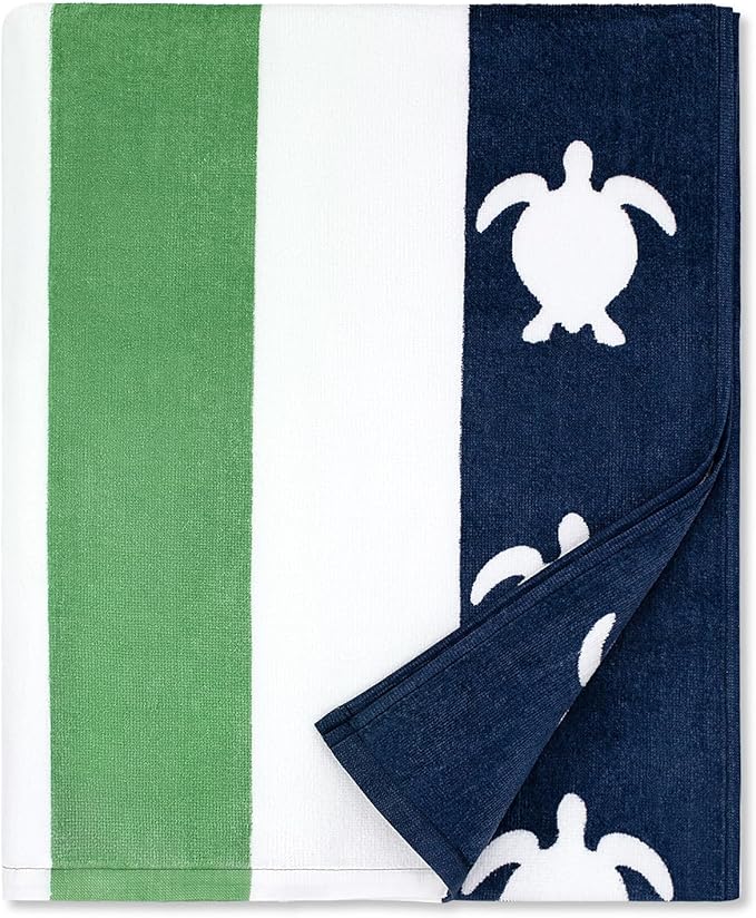 cabanana Large Beach Towel Oversized - Cotton Velour 35 x 70 Inch Sea Turtle Striped Terry Pool Towel, Cabana Soft Swimming Towel for Adults Women Men (Navy Feldspar)