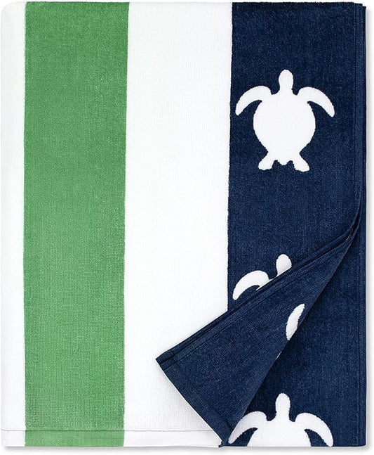 cabanana Large Beach Towel Oversized - Cotton Velour 35 x 70 Inch Sea Turtle Striped Terry Pool Towel, Cabana Soft Swimming Towel for Adults Women Men (Navy Feldspar)
