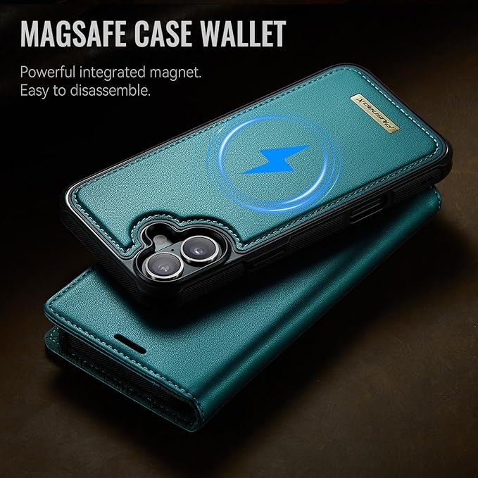 PlusnapX Wallet Case for iPhone 17 Compatible with Magsafe, 2-in-1 PU Leather Flip RFID Blocking Card Holder Stand Shockproof Magnetic Detachable Cover for iPhone 17 Case 6.3", Bluegreen