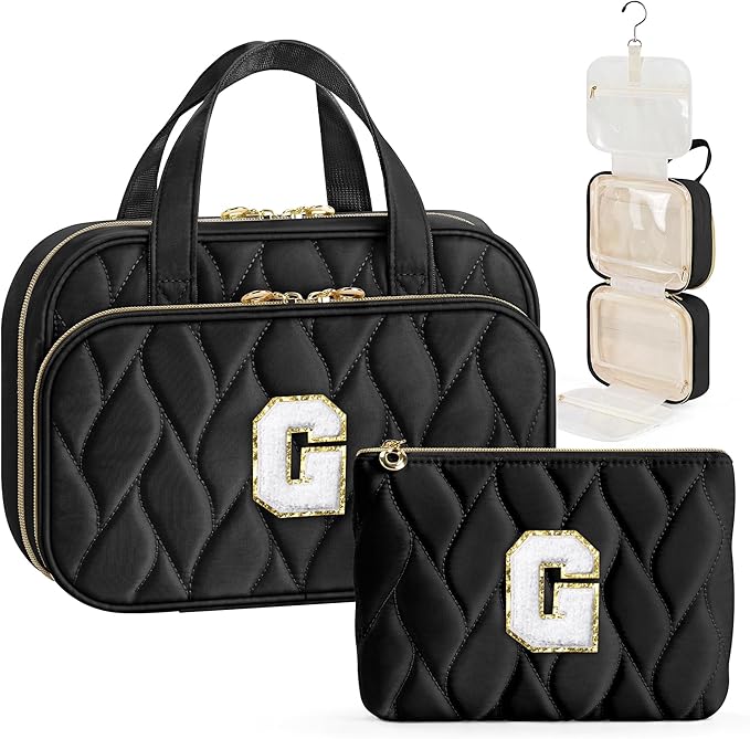 YOOLIFE Initial Toiletry Bag Travel Makeup Bag for Women - Hanging Toiletry Bag, Personalized Birthday Gifts for Women, Vacation Airplane Essentials Black - G